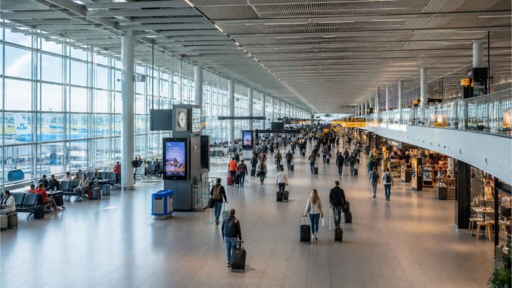 Passengers moving through the single-terminal transit area at Amsterdam Schiphol Airport between connecting flights.