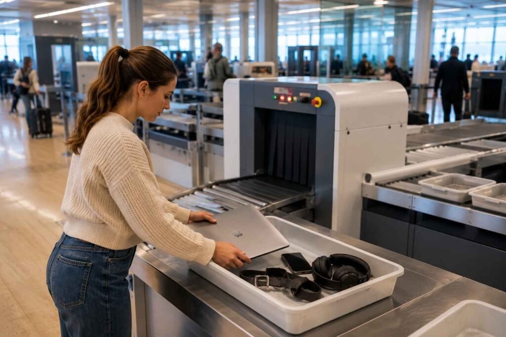 Passenger preparing electronics and personal items for security screening during transit at Amsterdam Schiphol Airport.