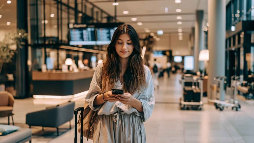 Alt Text: Female traveler checking flight details inside a Frankfurt Airport hotel lobby while managing self-transfer logistics with luggage