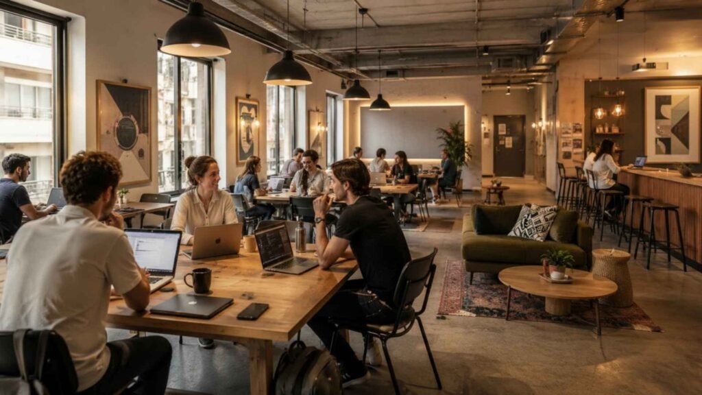 Digital nomads working and networking in a community-focused coworking space in Athens with shared desks and social areas