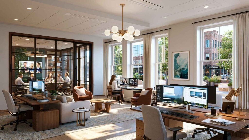 Modern business-oriented workspace with meeting rooms, video conferencing facilities, and dedicated desks for remote employees in Athens