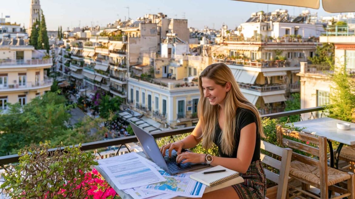 Taxes in Greece for foreigners concept showing a digital nomad working remotely from an Athens rooftop while planning relocation documents