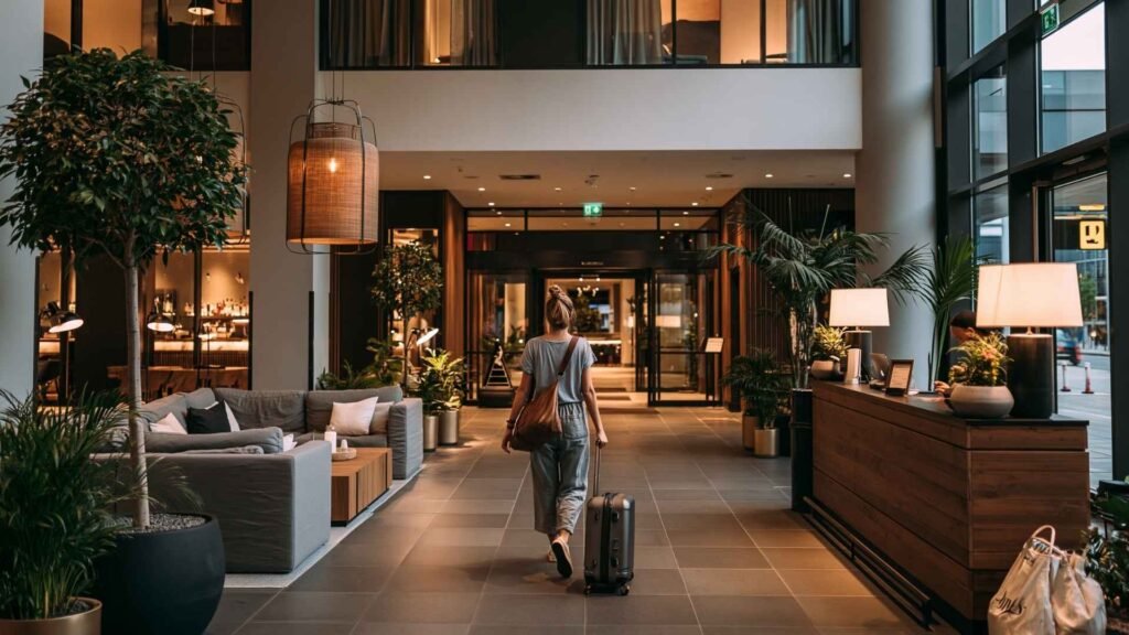 Traveler walking through a modern terminal-connected Frankfurt Airport hotel lobby with luggage and airport stay atmosphere