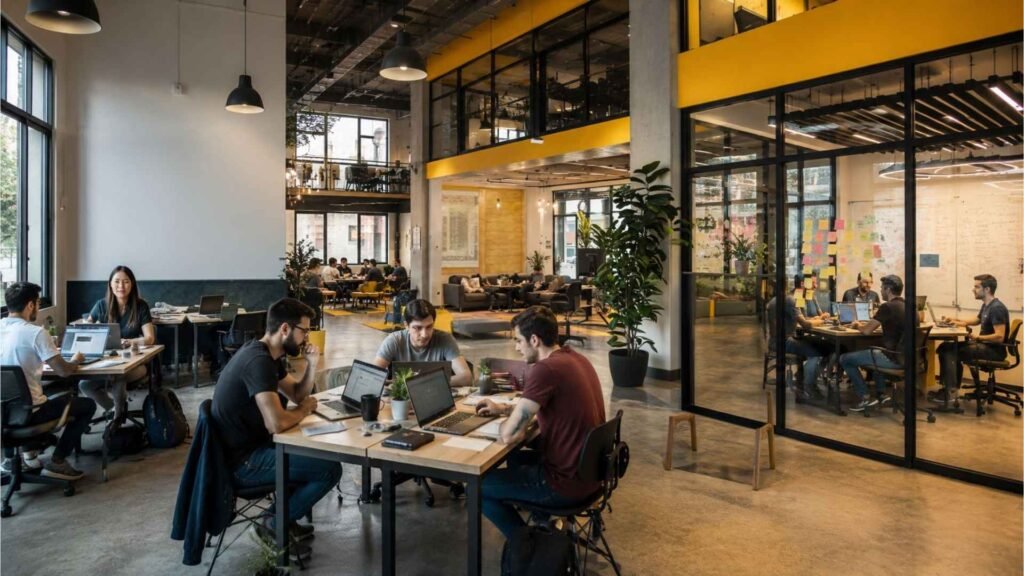 Entrepreneurs and startup teams collaborating in a modern coworking space in Athens with meeting rooms, shared worktables, and innovation-focused work areas