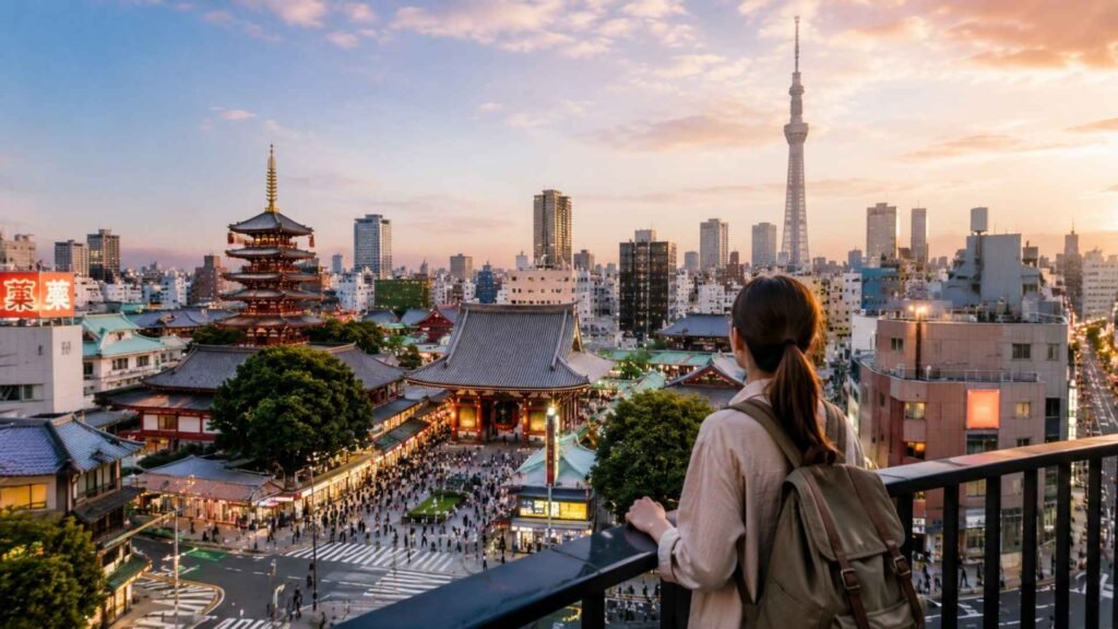 Tokyo first trip overlooking Senso-ji Temple, Tokyo Skytree, and the city skyline at sunset from a rooftop viewpoint.
