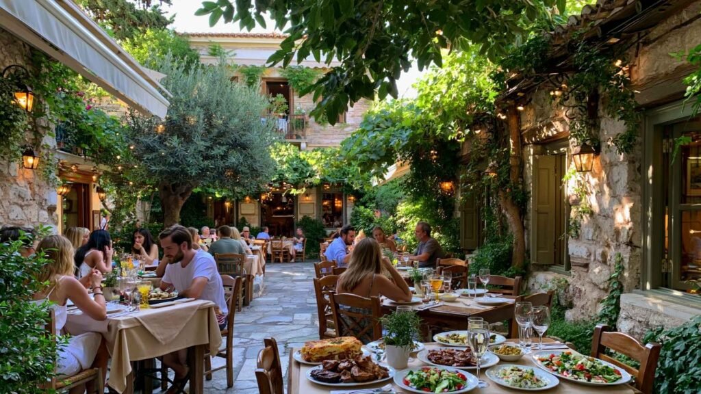 Travelers dining in a traditional Greek taverna courtyard in Athens surrounded by stone buildings, lush greenery, and authentic local cuisine.