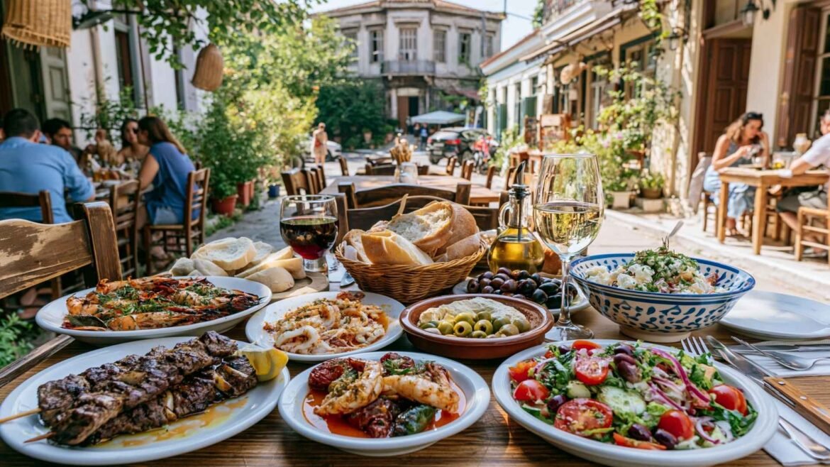 What to Eat in Athens – traditional Greek dishes served at an outdoor Athens taverna, including seafood, grilled meats, Greek salad, olives, bread, and local wine.