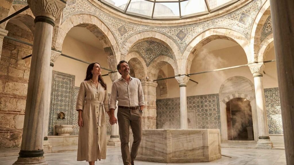 Couple exploring the restored interior of Zeyrek Çinili Hamamı surrounded by Ottoman architecture, marble details, and historic atmosphere