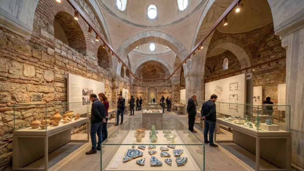 Museum gallery at Zeyrek Çinili Hamamı displaying archaeological discoveries, historic artifacts, and restored Ottoman architectural features