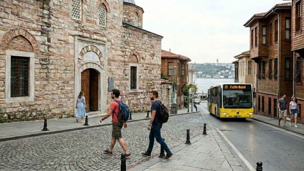 Visitors walking near Zeyrek Çinili Hamamı in Istanbul’s historic Zeyrek district surrounded by Ottoman-era buildings and local streets