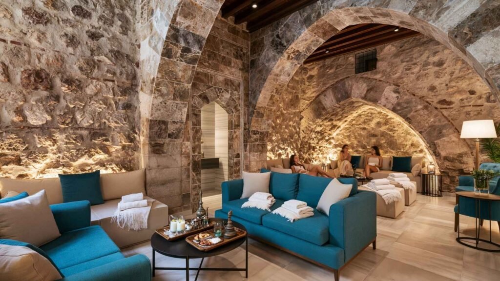 Relaxation lounge at Zeyrek Çinili Hamamı featuring historic stone architecture, comfortable seating, refreshments, and premium visitor amenities