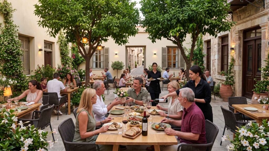 Group celebrating with Cretan dishes and wine on Alana Restaurant’s garden terrace in Rethymno Old Town