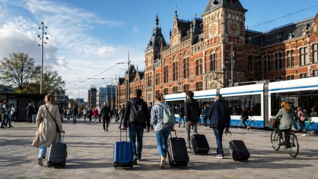 Travelers with rolling luggage walking outside Amsterdam Centraal Station after arriving from Schiphol Airport.