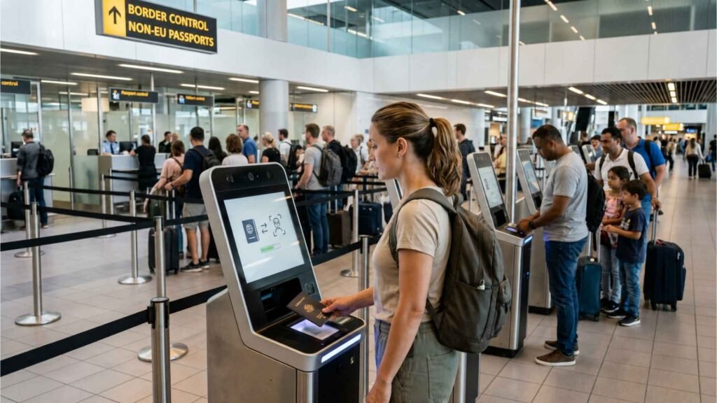 Non-EU traveler scanning a passport at a biometric EES registration kiosk at Amsterdam Schiphol Airport