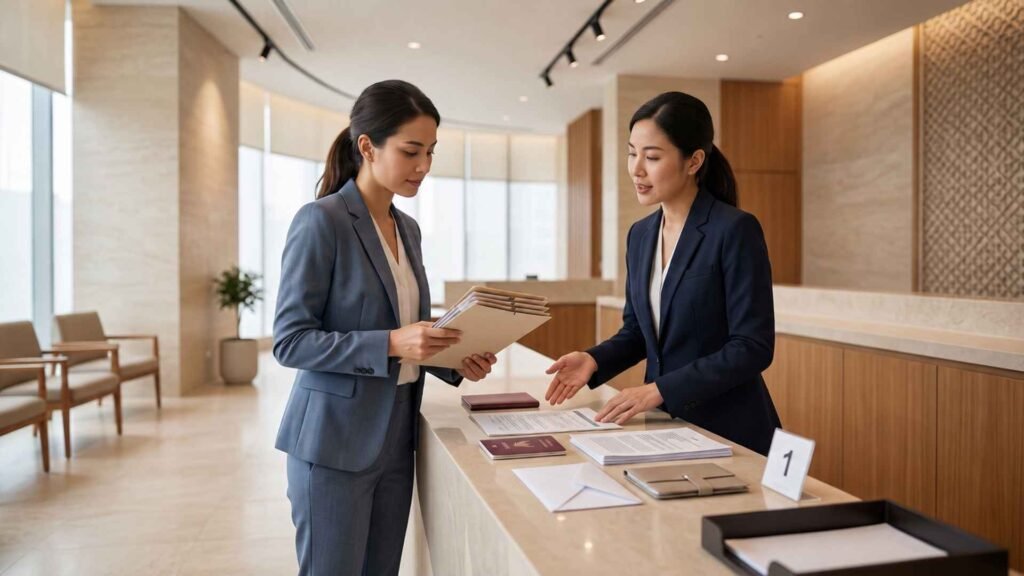 Thailand Digital Nomad Visa applicant reviewing organised documents with a consular information officer