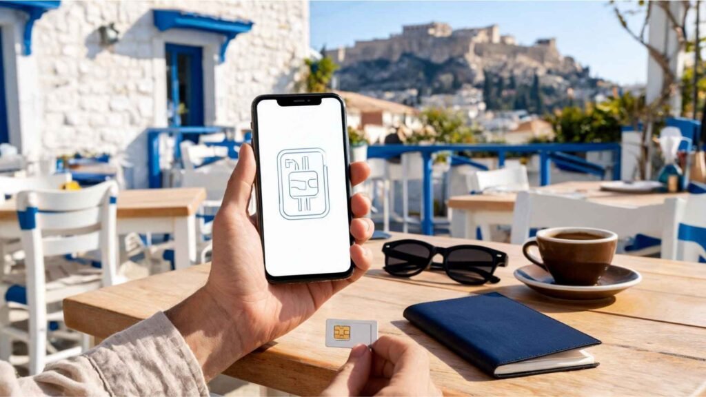 Traveler comparing an eSIM on a smartphone with a physical SIM card at a café in Athens before choosing a mobile connection.