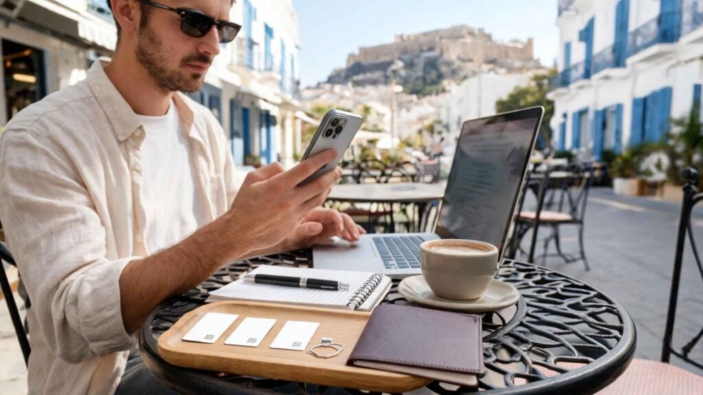 A digital nomad comparing local SIM card options while working from an outdoor café in Athens with the Acropolis in the background.