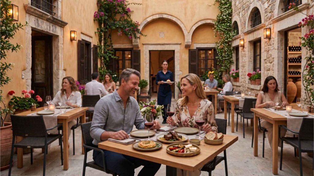 Couple enjoying contemporary Cretan cuisine and local wine in Avli Restaurant’s flower-filled Venetian courtyard in Rethymno Old Town
