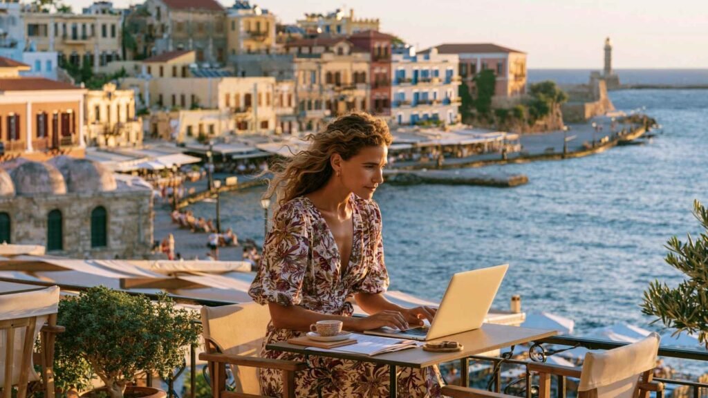 Digital nomad working from a waterfront terrace overlooking the Venetian Harbour and lighthouse in Chania, Crete