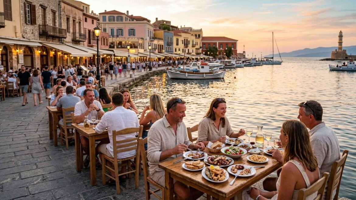Best Restaurants in Chania overlooking the Venetian Harbor with travelers enjoying authentic Cretan cuisine at sunset.