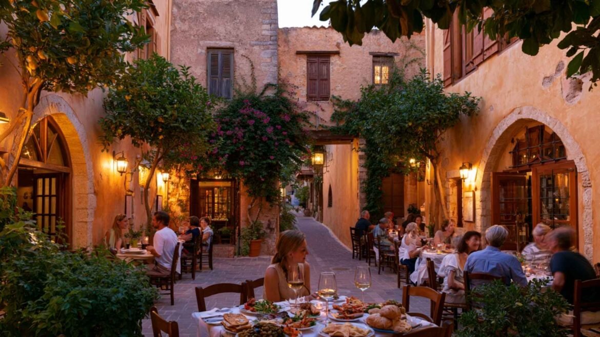 Best Restaurants in Rethymno with travelers enjoying Cretan dishes in a lively Old Town courtyard