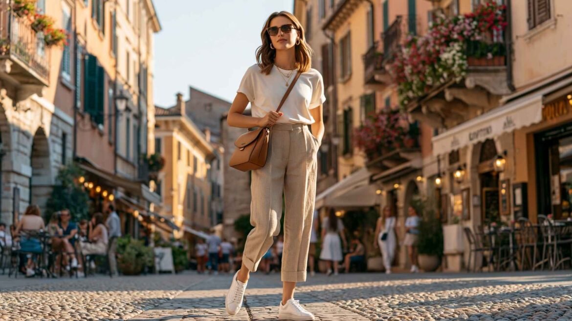 Traveler wearing the best shoes for Europe travel while walking through a historic European old town in summer.