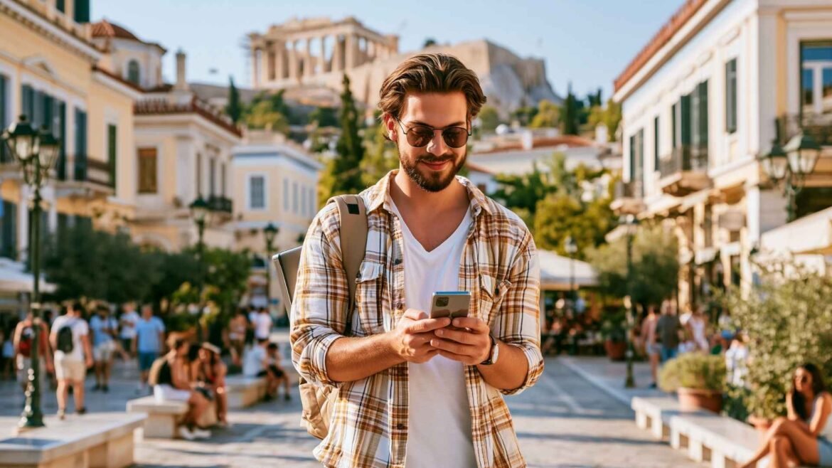 Best SIM Card in Athens guide featuring a digital nomad using a smartphone beneath the Acropolis in central Athens.