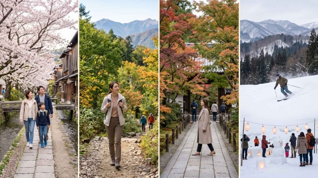 Four seasonal scenes show family cherry blossom travel, mountain hiking, autumn colors, and skiing in Japan.