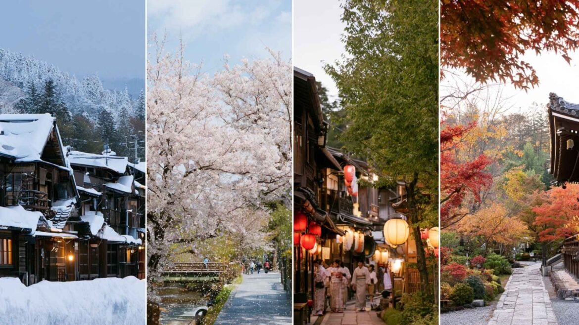 Four seasonal scenes show the best time to visit Japan, with winter snow, spring cherry blossoms, a summer festival, and autumn foliage.