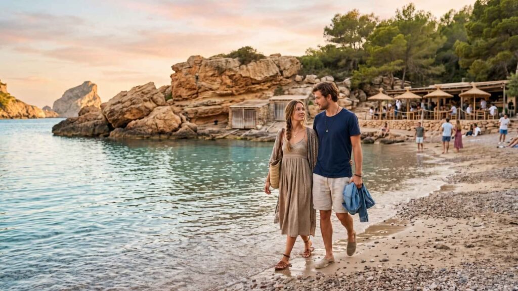 Woman in a flowing bohemian dress carrying a woven bag beside a rustic coastal setting in northern Ibiza