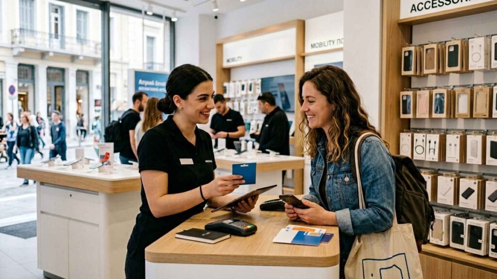Traveler purchasing a local prepaid SIM card from a mobile phone store in Athens with assistance from a store representative.