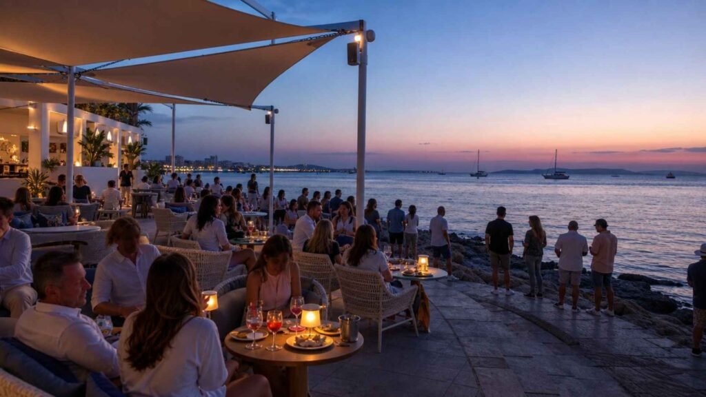 Guests enjoying cocktails and Mediterranean views at Café del Mar Ibiza during the colorful early blue hour