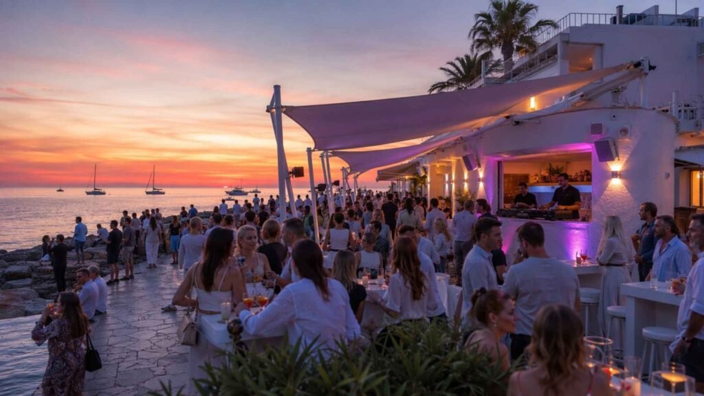 Guests enjoying cocktails and DJ music at Café Mambo on the Sant Antoni waterfront during sunset