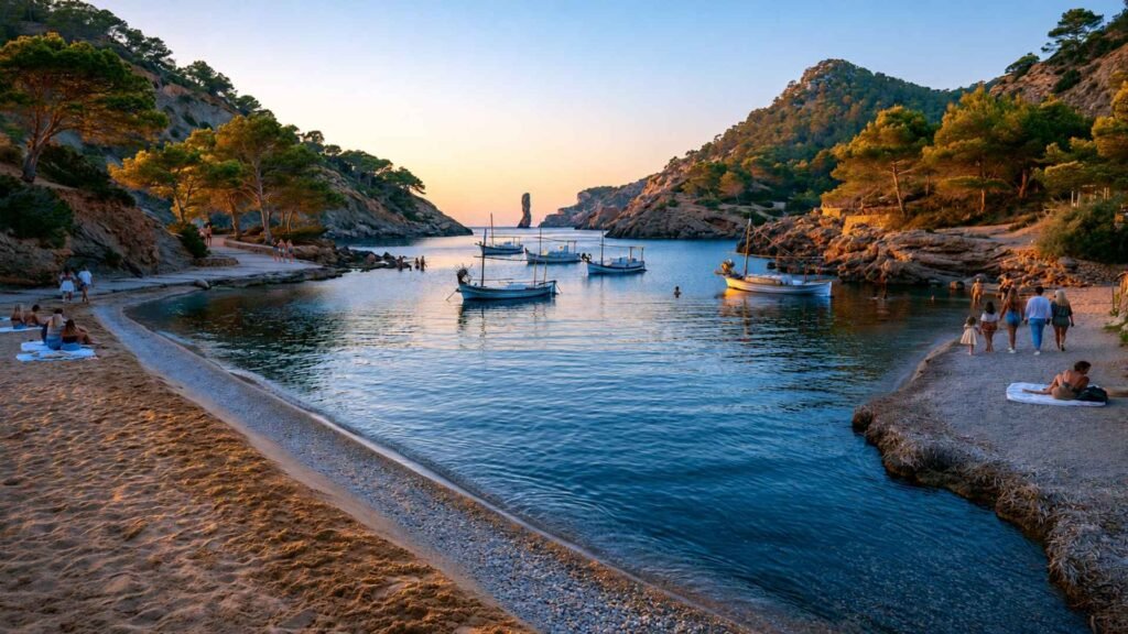 Golden-hour view of Cala Benirràs with anchored boats, pine-covered hills and Cap Bernat in the distance