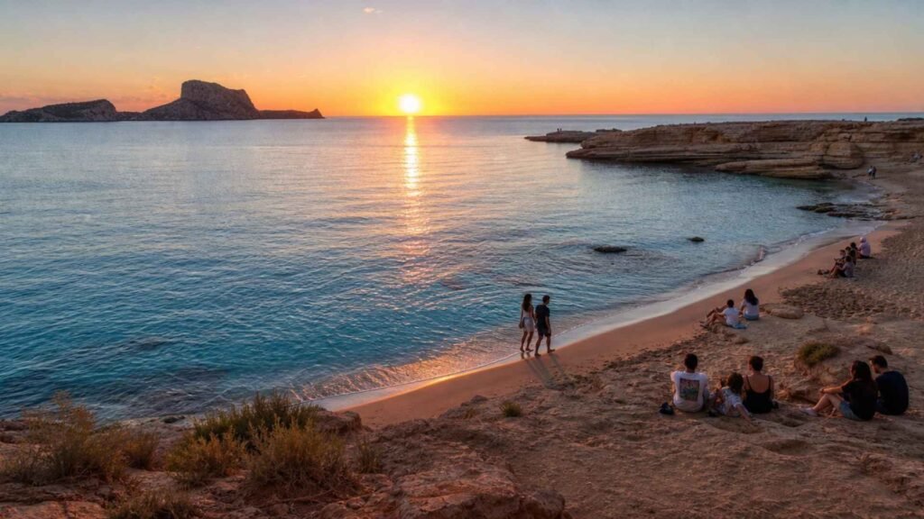 Sunset at Cala Comte with turquoise Mediterranean water, rocky shores and visitors relaxing on the beach