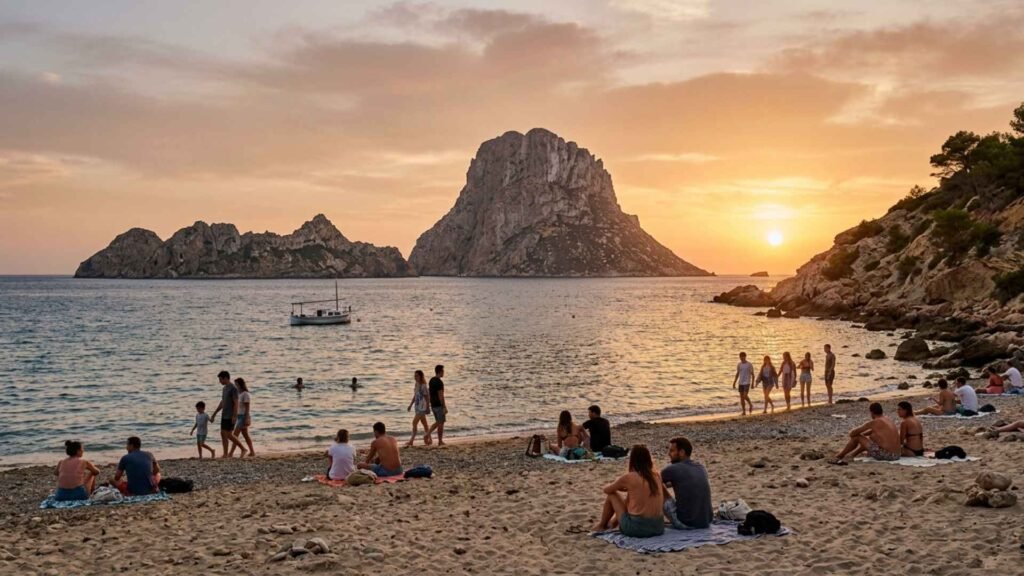 Visitors watching the sunset from Cala d’Hort beach with Es Vedrà rising above the Mediterranean