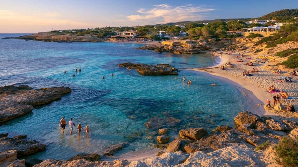 Families swimming in Cala Tarida’s shallow turquoise water during a relaxed golden-hour beach evening