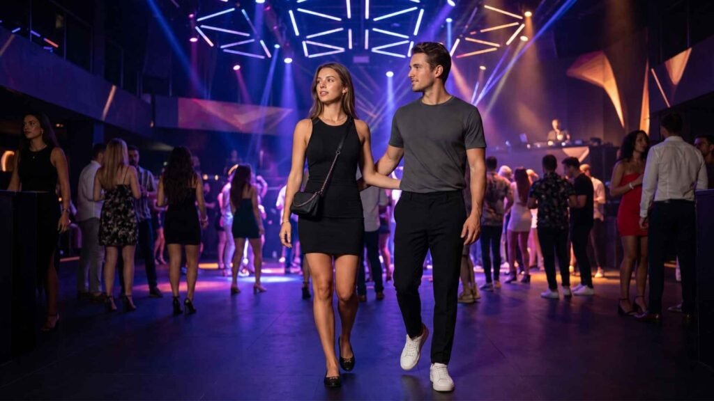 Stylish couple wearing lightweight outfits and comfortable shoes for a casual Ibiza nightclub evening
