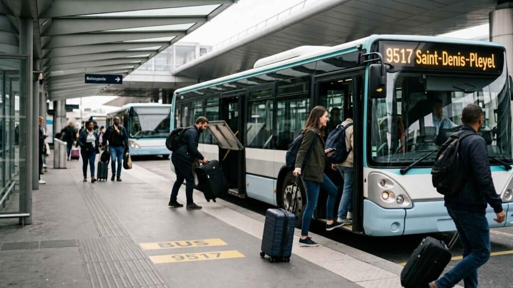 Passengers boarding bus 9517 to Saint-Denis-Pleyel at the Roissypôle terminal at Paris CDG Airport