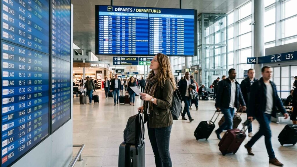 Traveler checking the departure board before a connecting flight at Paris Charles de Gaulle Airport.