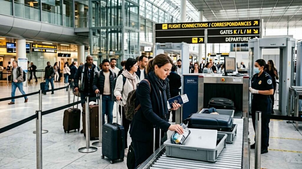 Transit passengers passing through a security screening checkpoint at Paris Charles de Gaulle Airport before connecting flights.