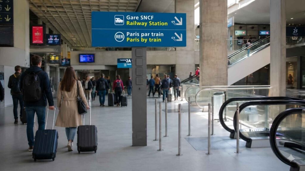 Travelers walking toward the CDGVAL shuttle train and railway station inside Paris Charles de Gaulle Airport Terminal 2.