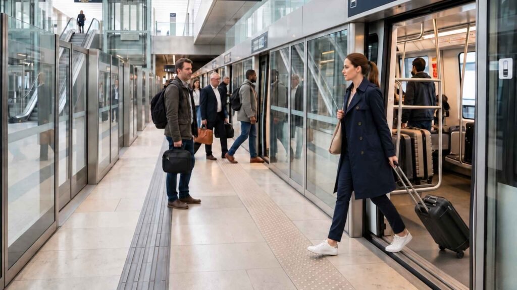 Female traveler leaving the CDGVAL train with her suitcase to reach hotels near Paris CDG Airport