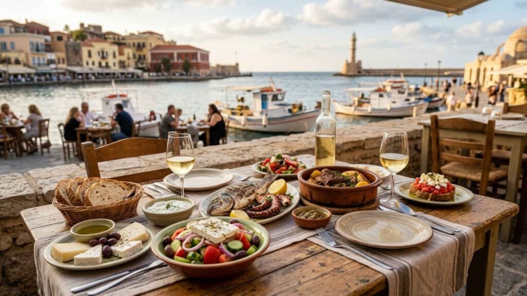 Typical restaurant meal in Chania featuring fresh seafood, grilled meat, Greek salad, local cheeses, wine, and traditional Cretan dishes overlooking the Venetian Harbor.