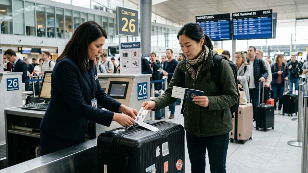 Traveler confirming a checked baggage tag with an airline agent at the check-in counter of Paris Charles de Gaulle Airport.