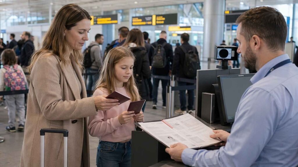 Mother and child presenting separate passports and supporting documents at Netherlands border control