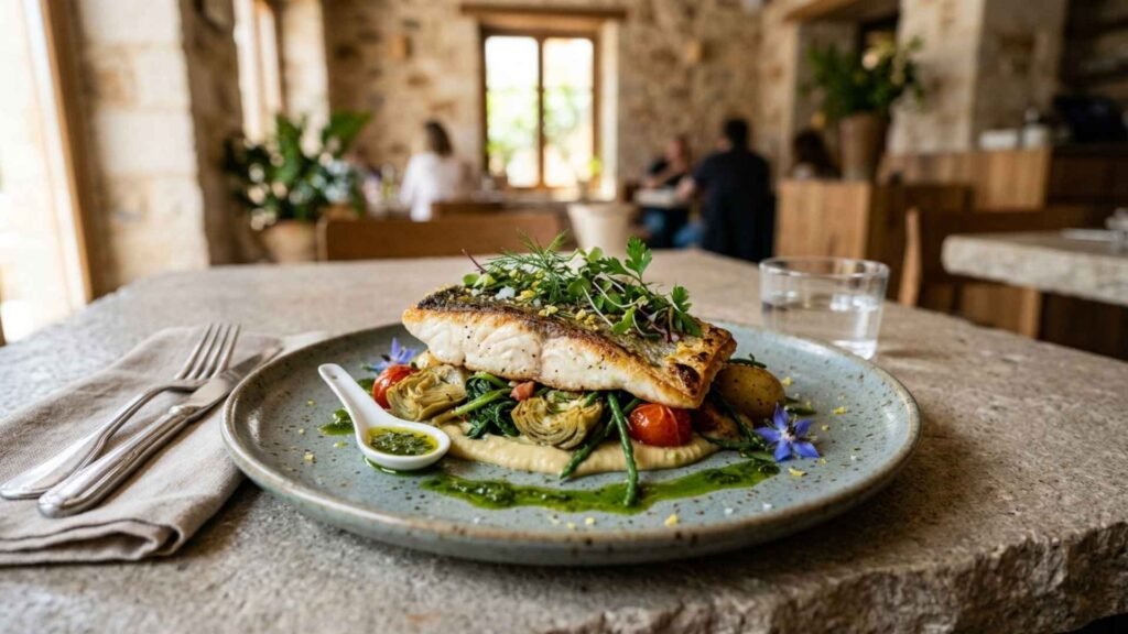 Contemporary Greek fish dish with artichokes, seasonal greens and herb oil