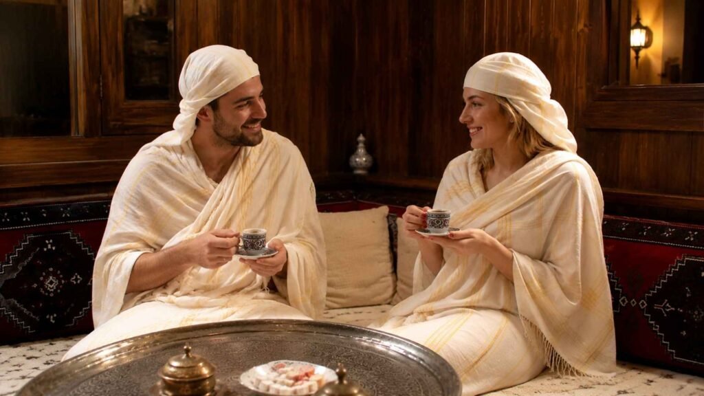 Couple enjoying Turkish coffee together in the relaxation lounge after a traditional hammam experience at Süleymaniye Hamamı.