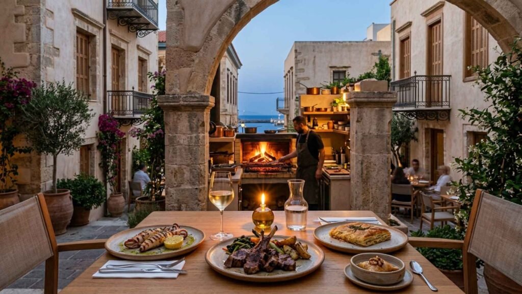 Creative Cretan dinner with grilled calamari, fire-cooked meat and fennel pie
