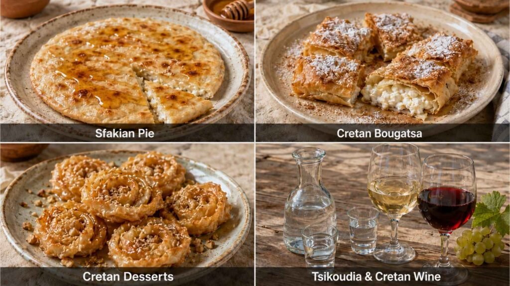 Four-panel collage showing Sfakian pie, Cretan bougatsa, honey-covered xerotigana, tsikoudia, and local Cretan wines.
